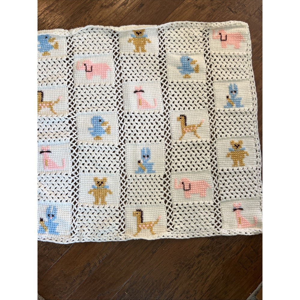 Vintage Crochet Knit Animals Baby Blanket Yellow Handmade Crib Nursery 33" x 35"
